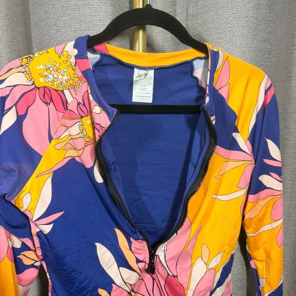 Trina Turk Floral Long Sleeve One Piece Swimsuit & Cover Up Set Blue Pink Large